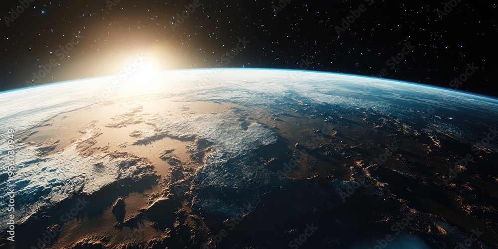 Poster View of planet Earth from space in a 3D cartoon rendering featuring a detailed planet surface science fiction wallpaper and a cosmic landscape