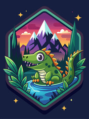 Cute Green Dinosaur in a Mountainous Landscape