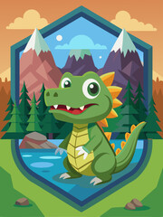 A Friendly Green Dinosaur in a Mountainous Landscape