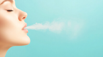 Side view close up head shot young mindful businesswoman breathing fresh air, managing stress at office.