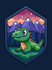 Cartoon Alligator in Mountain Landscape at Sunset