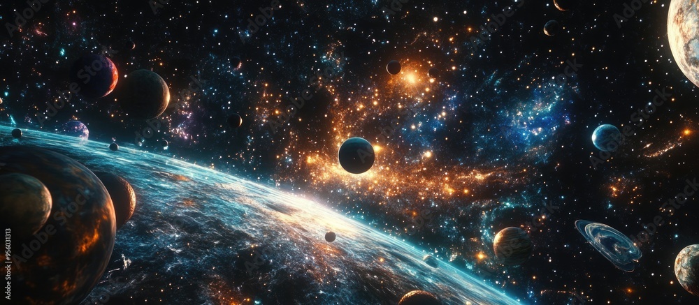 Poster cosmic art background featuring a 3d cartoon rendering of planets and galaxies showcasing the beauty