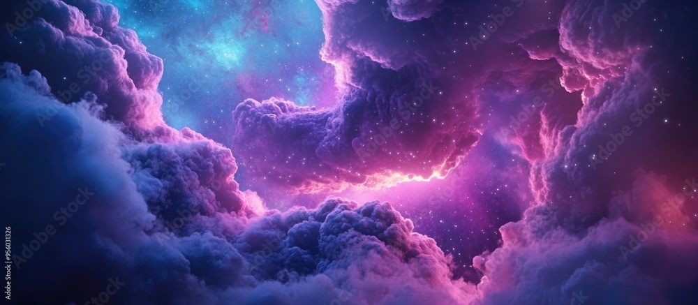 Poster fantasy space nebula in a 3d cartoon rendering a giant interstellar cloud filled with stars 3d illus