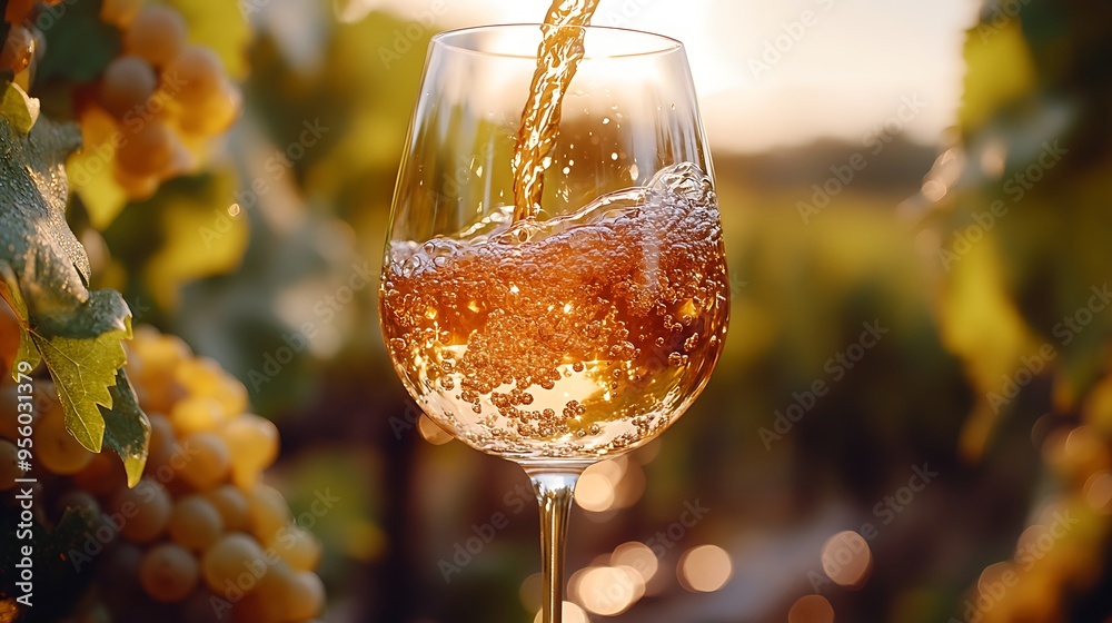 Sticker A close-up view of golden wine being poured into a glass, the liquid catching the sunlight, creating a warm and inviting scene, with a softly blurred vineyard in the background, cinematic style,