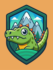 Cartoon Crocodile in Mountain Landscape Shield Logo