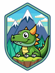 Cartoon Green Dragon with Spikes Sitting on a Mountain Cliff