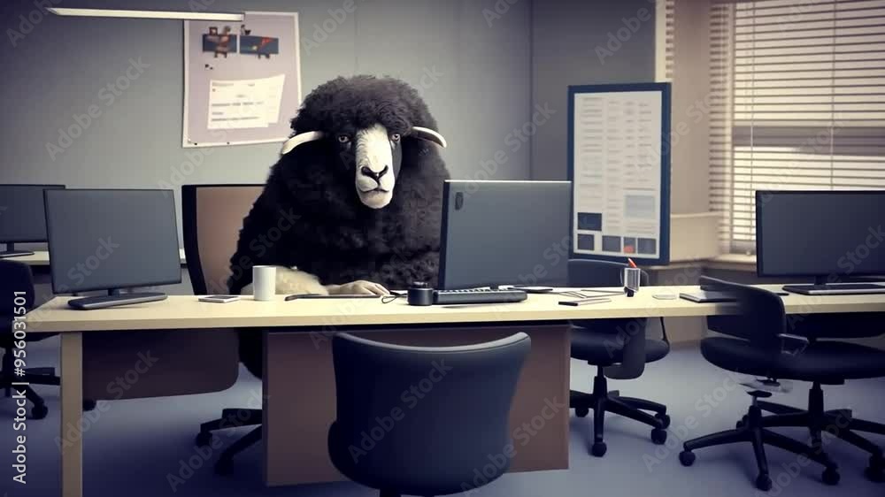 Poster sheep working at a desk in a modern office setting generative ai