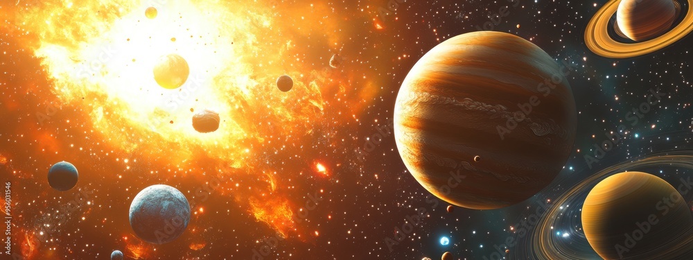 Aufkleber Vertical view of traveling in the solar system observing multiple stars in 3D cartoon rendering