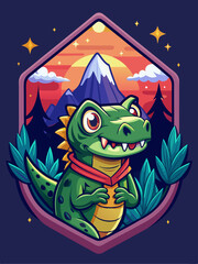 Cute Green Dinosaur in a Mountain Landscape at Sunset