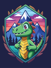 Cartoon Dragon in Mountainous Landscape with Sunset