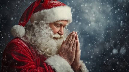 Santa Claus praying to God. HD Realistic. copy space.