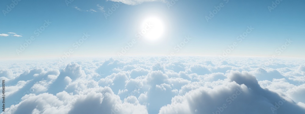 Poster Cloudy skies and horizon in a 3D cartoon rendering exploring infinite space and the atmosphere
