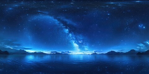 3D cartoon depiction of a panoramic blue night sky featuring the Milky Way and stars against a dark backdrop The universe is filled with stars nebulae and galaxies showcasing noise and grain effec