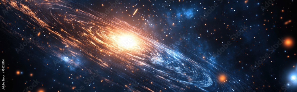 Poster Cartoon rendering in 3D of stars and a galaxy within open space