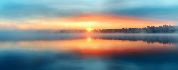 Fototapeta premium A breathtaking view of a misty lake bathed in the soft, warm colors of dawn. The sky is ablaze with shades of red, pink, and orange as the first light of the day reflects off the calm waters