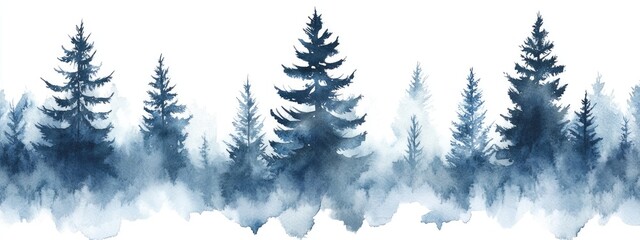 Fototapeta premium Watercolor misty forest illustration suitable for backgrounds or templates Hand painted design featuring blue pines Three distinct variations of forest landscapes on a white background