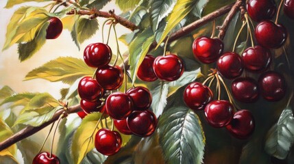 Oil painting of ripe cherries on trees ready for harvest highlighting the beauty of organic cherry fruits