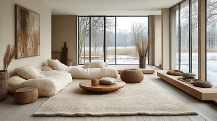 Modern Scandinavian living room, natural materials such as wool, linen, and wood, minimalist design, neutral tones, light wood furniture, large windows providing natural light,