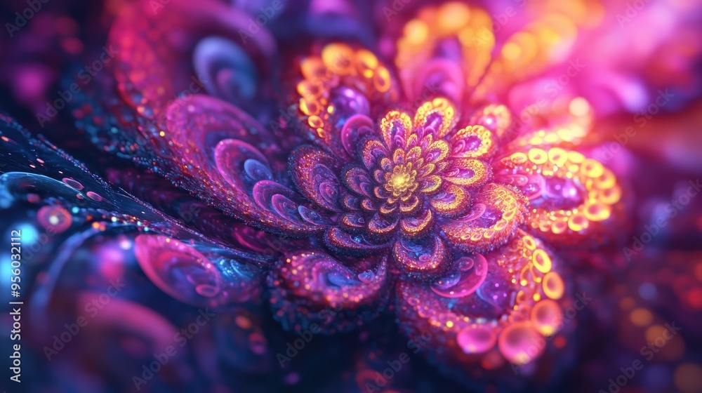 Poster Abstract fractal patterns and shapes rendered in 3D cartoon style Dynamic natural forms with flowers and spirals Enigmatic psychedelic relaxation design