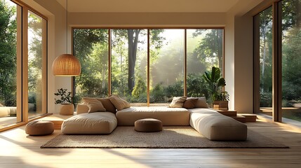 Fototapeta premium Modern Scandinavian living room, pendant light with a simple and elegant design, neutral tones, light wood elements, large windows allowing sunlight, warm and serene atmosphere, minimalist décor,