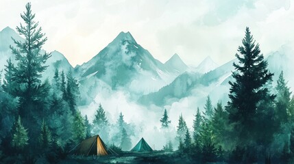 Fototapeta premium Watercolor travel themed background featuring a mountain scene camping elements a foggy forest hand drawn nature landscape clipart and printable art
