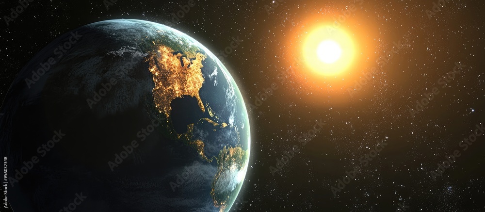 Poster cartoon rendering in 3d featuring planet earth and a rising sun in space