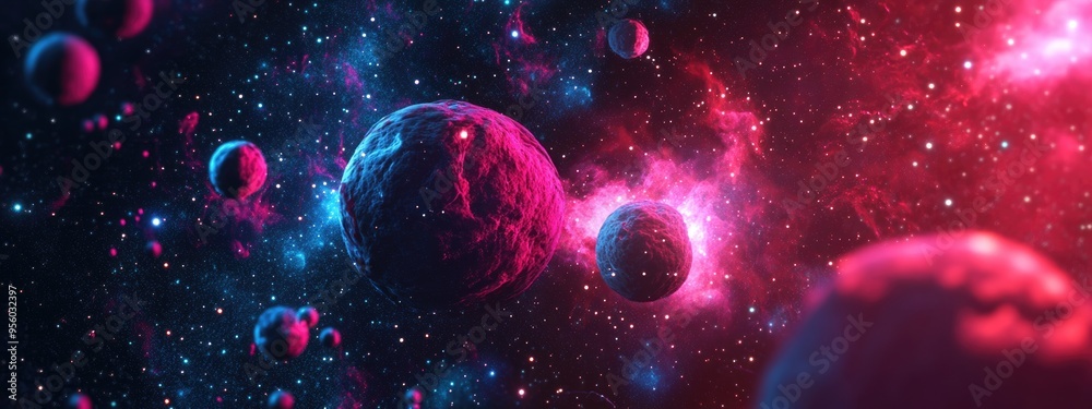 Poster 3D cartoon representation of a mysterious glowing universe featuring an astronomical scientific background with nebulae and stars in deep space