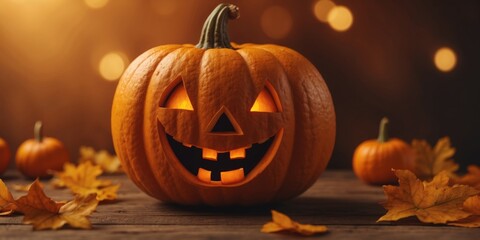 Pumpkin with smile on orange background Banner Halloween Copy space.