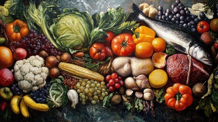 Oil painting depicting a visual representation of daily nutritional values based on a standard calorie intake with variations depending on individual dietary requirements