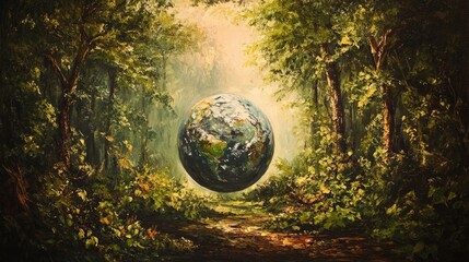 Naklejka premium Oil painting depicting an environmental theme featuring a globe within a lush green forest illuminated by sunlight