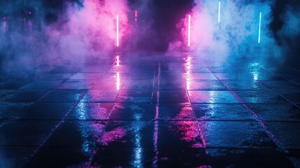 Empty backdrop scene featuring dark street reflections on wet pavement Neon light rays illuminate the darkness creating abstract shapes amidst smoke