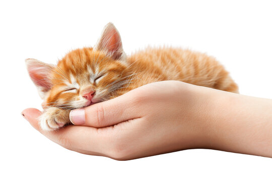 A peaceful ginger kitten sleeping in a hand, embodying warmth and tenderness in a cozy moment.
