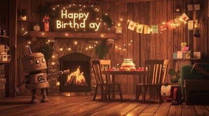 A robot stands in a living room decorated for a birthday party