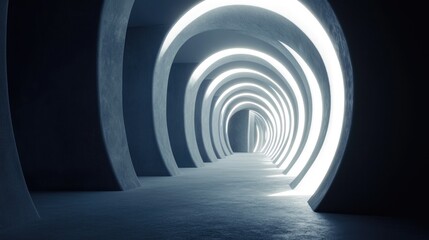Obraz premium Dimly lit corridor leading to a bright tunnel opening Abstract design featuring curved geometric elements in the interior space