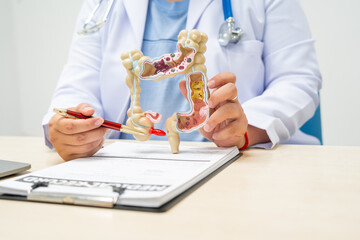 A female doctor sits at a table in a hospital, discussing intestinal health issues, including...