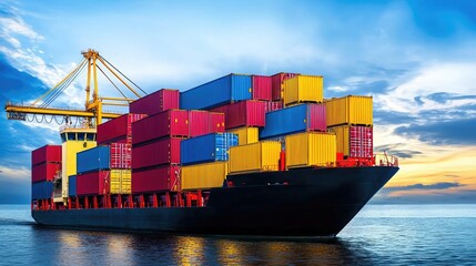 Freight shipping with containers and transport vehicles, efficient and reliable tones, space for text