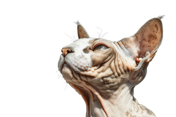 Close-up of a Sphynx cat showcasing its unique features and expressive eyes against a solid black background.