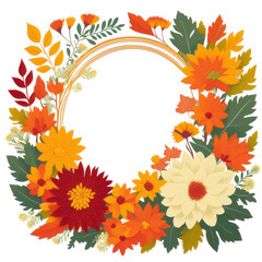 Wooden frame with autumn leaves and flowers, isolated on transparent background