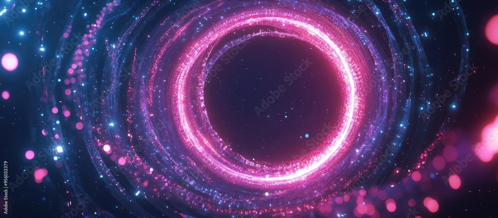 Fototapete Abstract ring background with luminous swirling backdrop in a 3D cartoon rendering Glowing spiral and energy flow tunnel featuring a shining round frame with light circles and glowing cover Space f