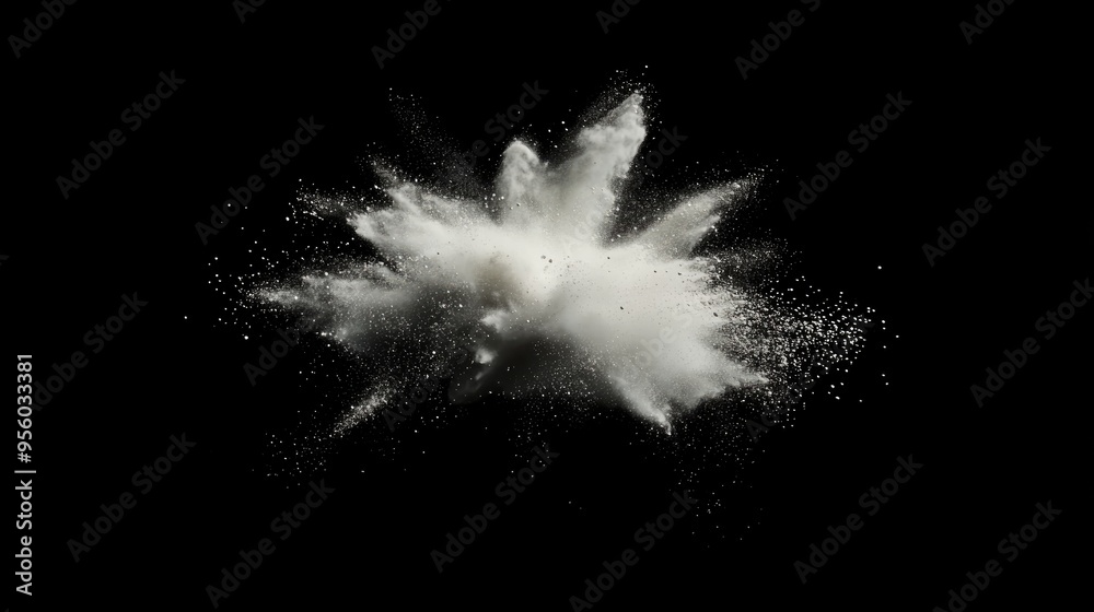 Poster freeze motion of a white dust explosion rendered in 3d cartoon style on a dark background stopping t
