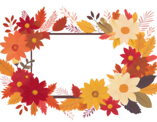 Wooden frame with autumn leaves and flowers, isolated on transparent background