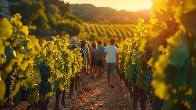 A group of visitors being guided through a picturesque vineyard during a winery tour, the guide explaining the winemaking process, with rows of lush grapevines in the background,