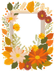 Obraz premium Wooden frame with autumn leaves and flowers, isolated on transparent background