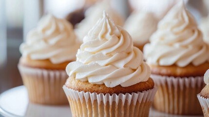 Vanilla Cupcakes with Whipped Cream Frosting - A row of freshly baked vanilla cupcakes topped with fluffy whipped cream frosting, displayed in a warm and inviting bakery setting.
