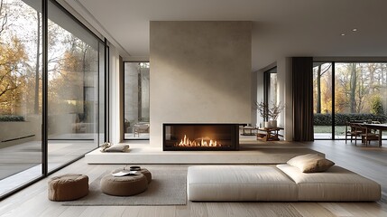 Scandinavian living room featuring a sleek modern fireplace, minimalist design, clean lines, neutral color palette, light wood flooring, large windows allowing natural light, cozy and warm atmosphere,