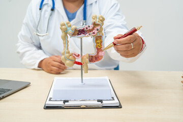 A female doctor sits at a table in a hospital, discussing intestinal health issues, including...