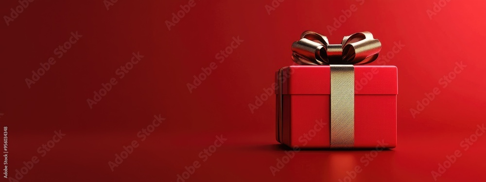 Poster minimalist product backdrop for festive and promotional occasions red gift box adorned with a golden