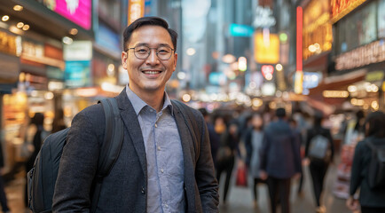 Obraz premium Businessman smiling facing in busy Asian city street, Man in Asia wearing a backpack and business corporate attire under neon lights, Success and confidence