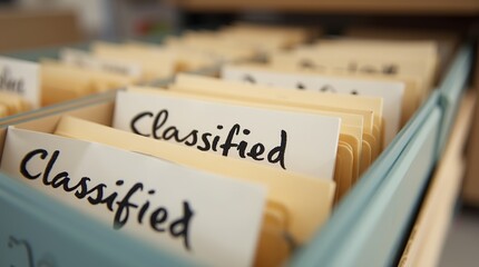 Close up of classified document files in a storage drawer