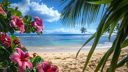 Flowers on a bright day at a sandy tropical beach hidden by palm fronds